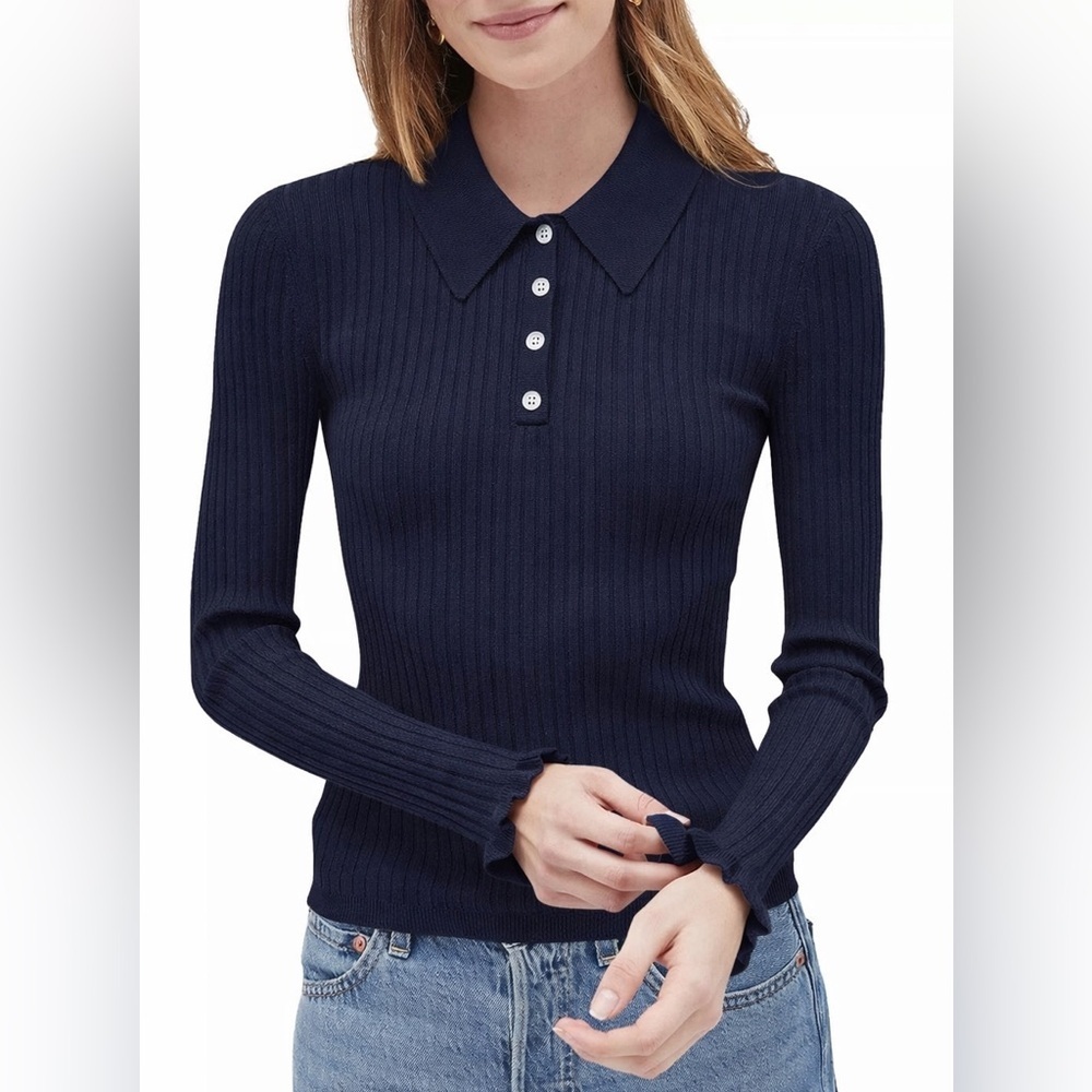 Hill House Jenny Ribbed Collared Preppy Academia Navy Long Sleeve Polo Top